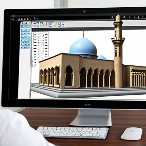 Home 15 **Prompt:** Modern architectural design studio. An architect uses CAD software. 3D building model on a screen. Emphasize digital tools enhancing creativity. Arabic script elements in the background.
