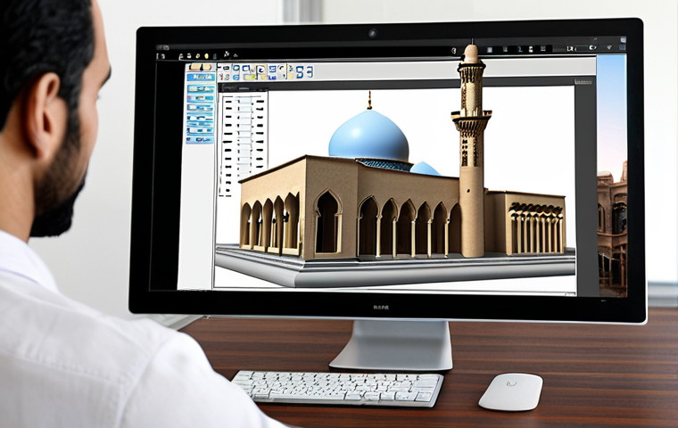 **Prompt:** Modern architectural design studio. An architect uses CAD software. 3D building model on a screen. Emphasize digital tools enhancing creativity. Arabic script elements in the background.