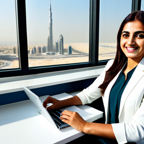 Home 7 Modern Office Scene**
"A professional Arab businesswoman in a modest, tailored business suit, smiling confidently while sitting at her desk in a bright, modern office overlooking a Dubai cityscape, fully clothed, appropriate attire, safe for work, perfect anatomy, correct proportions, professional, high quality, well-formed hands, proper finger count, natural body proportions, family-friendly."
**