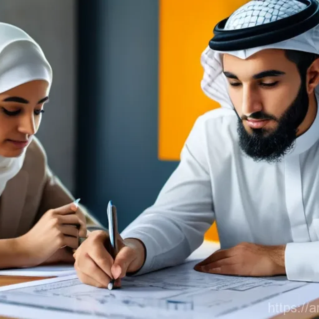 건축평가사로서 성장하는 법 - **Prompt: "A diverse group of ambitious young Arab professionals, both men and women, meticulously s...