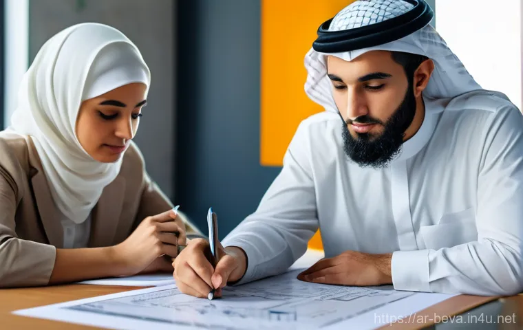 건축평가사로서 성장하는 법 - **Prompt: "A diverse group of ambitious young Arab professionals, both men and women, meticulously s...