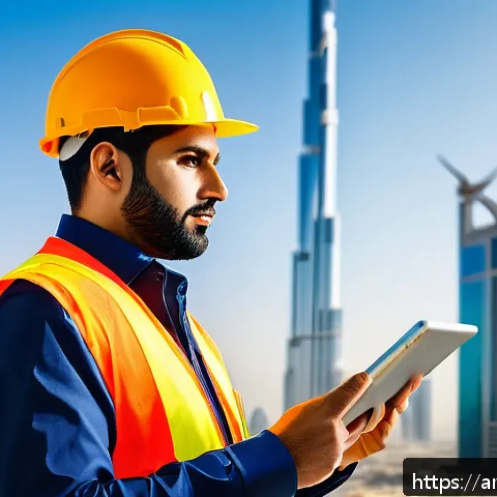 건축평가사 자격증의 직업적 가치 - A professional Arab male building inspector wearing safety gear and a reflective vest, holding a dig...
