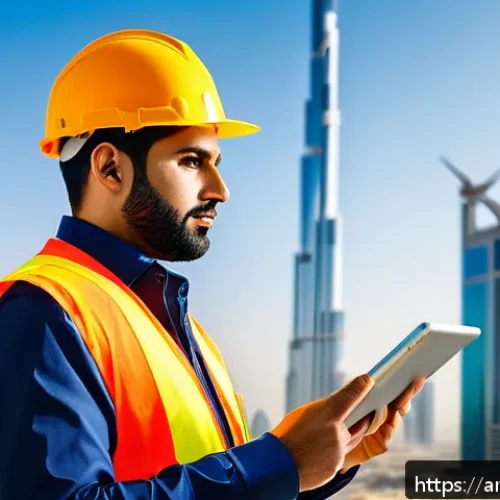 건축평가사 자격증의 직업적 가치 - A professional Arab male building inspector wearing safety gear and a reflective vest, holding a dig...