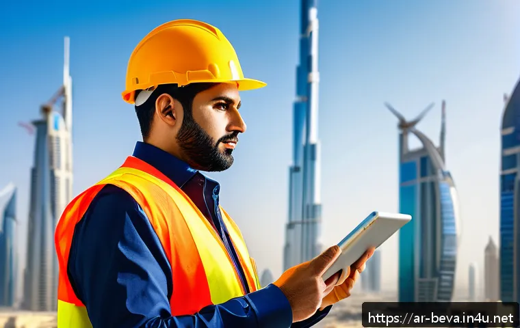 건축평가사 자격증의 직업적 가치 - A professional Arab male building inspector wearing safety gear and a reflective vest, holding a dig...