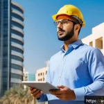 건축평가 전문가의 시간 관리 비법 - A professional Arab engineer wearing smart casual attire and safety shoes, holding a digital tablet ...