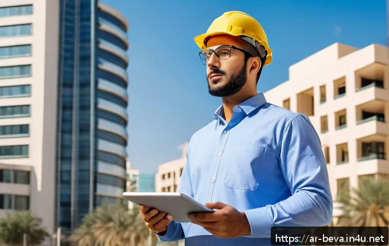 건축평가 전문가의 시간 관리 비법 - A professional Arab engineer wearing smart casual attire and safety shoes, holding a digital tablet ...