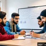 건축평가사 시험 대비용 스터디 그룹 활용법 - A diverse group of young Arab students sitting in a cozy, well-lit study room with traditional Middl...