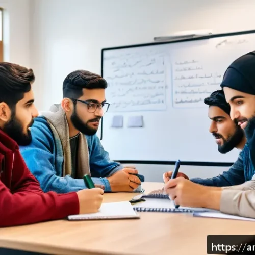 건축평가사 시험 대비용 스터디 그룹 활용법 - A diverse group of young Arab students sitting in a cozy, well-lit study room with traditional Middl...
