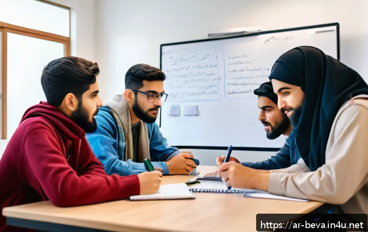 건축평가사 시험 대비용 스터디 그룹 활용법 - A diverse group of young Arab students sitting in a cozy, well-lit study room with traditional Middl...