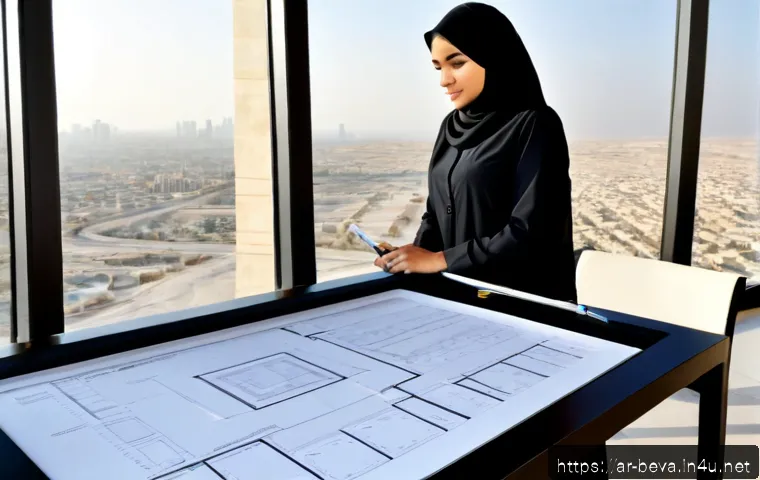 건축평가사의 문제 해결 사례 연구 - Photorealistic architectural appraisal problem-solving scene in a modern Gulf Arab city office, an A...